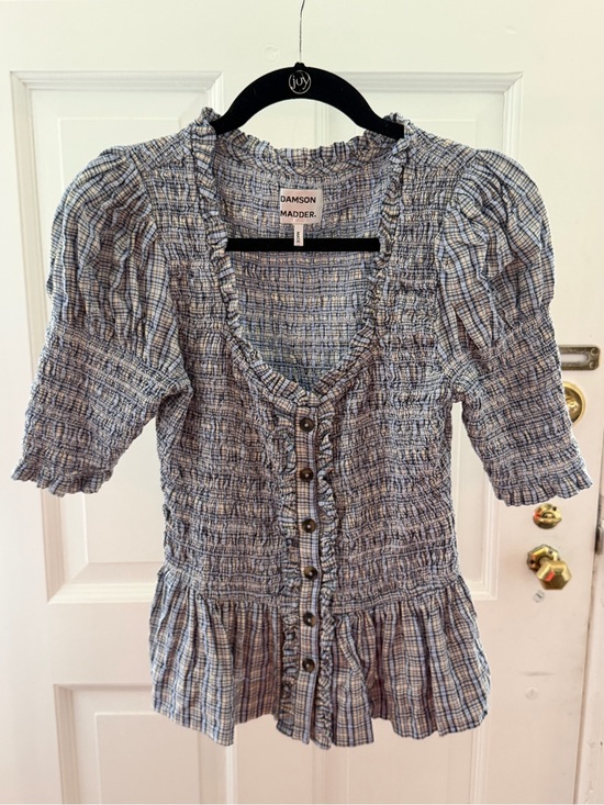 Damson Madder Tops - Damson Madder Blue Plaid Smocked Button-Front Blouse